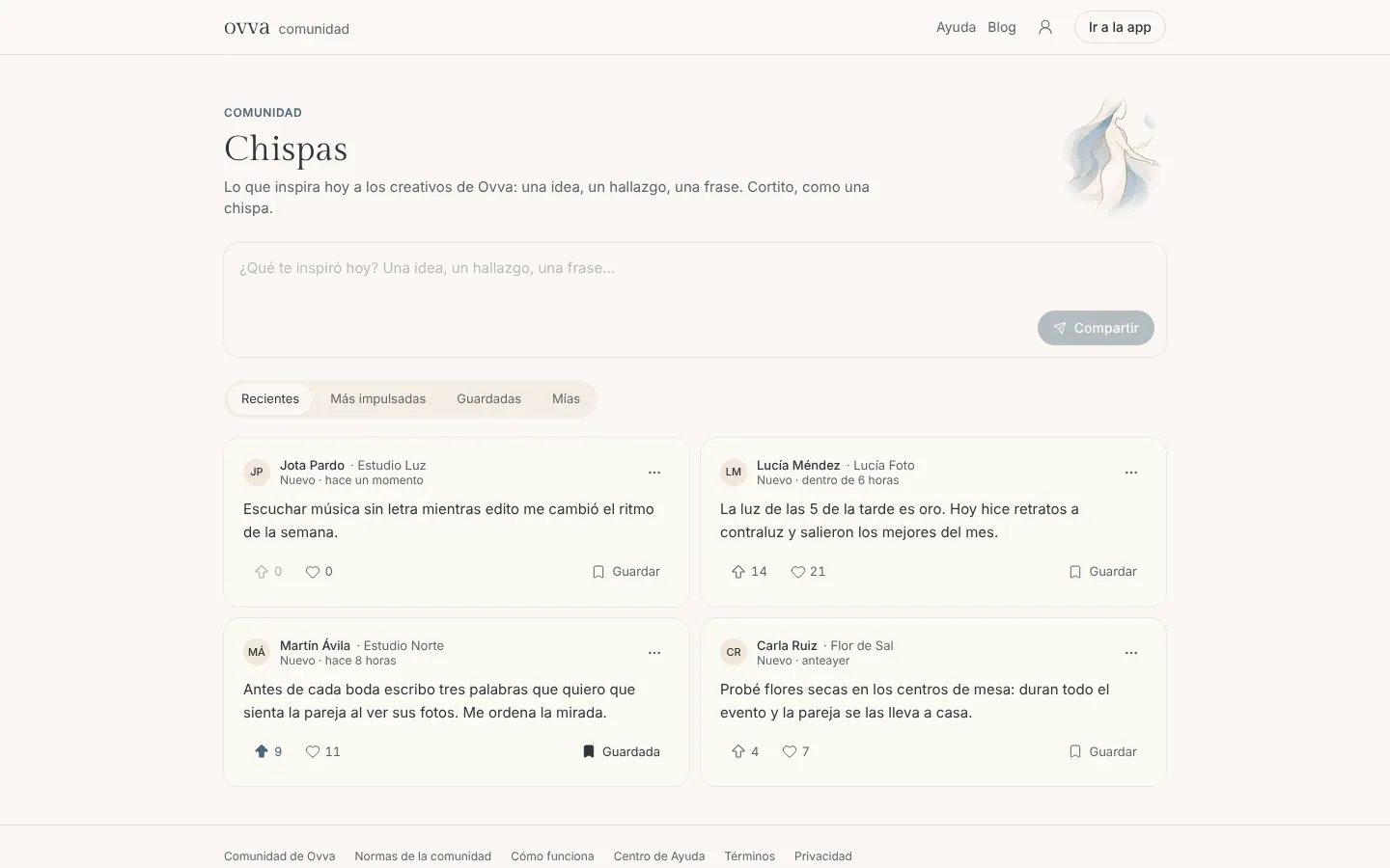 Página Chispas de la comunidad con el cuadro para compartir, los filtros y las chispas con impulsar, me gusta y guardar