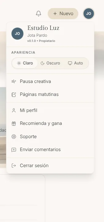 Menú de la foto de perfil con Apariencia, Pausa creativa y Páginas matutinas