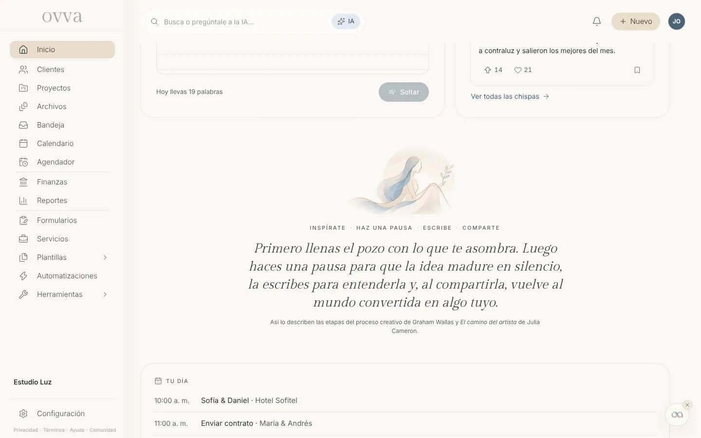 La frase de los cuatro momentos de la mente creativa con Silene: inspírate, haz una pausa, escribe y comparte