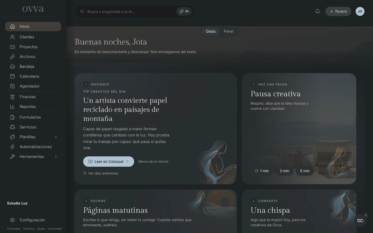 El Oasis en modo oscuro en el computador