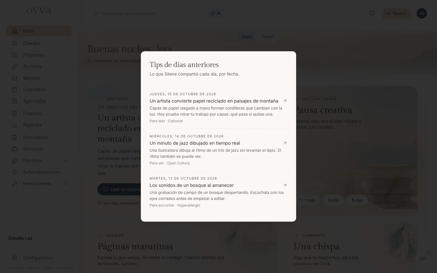 Ventana Tips de días anteriores con la fecha, el título, el resumen y la revista de cada tip