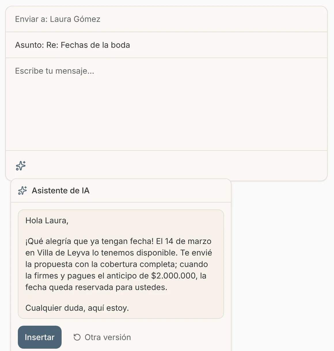 Respuesta redactada por la IA con la fecha, el lugar y el anticipo del proyecto