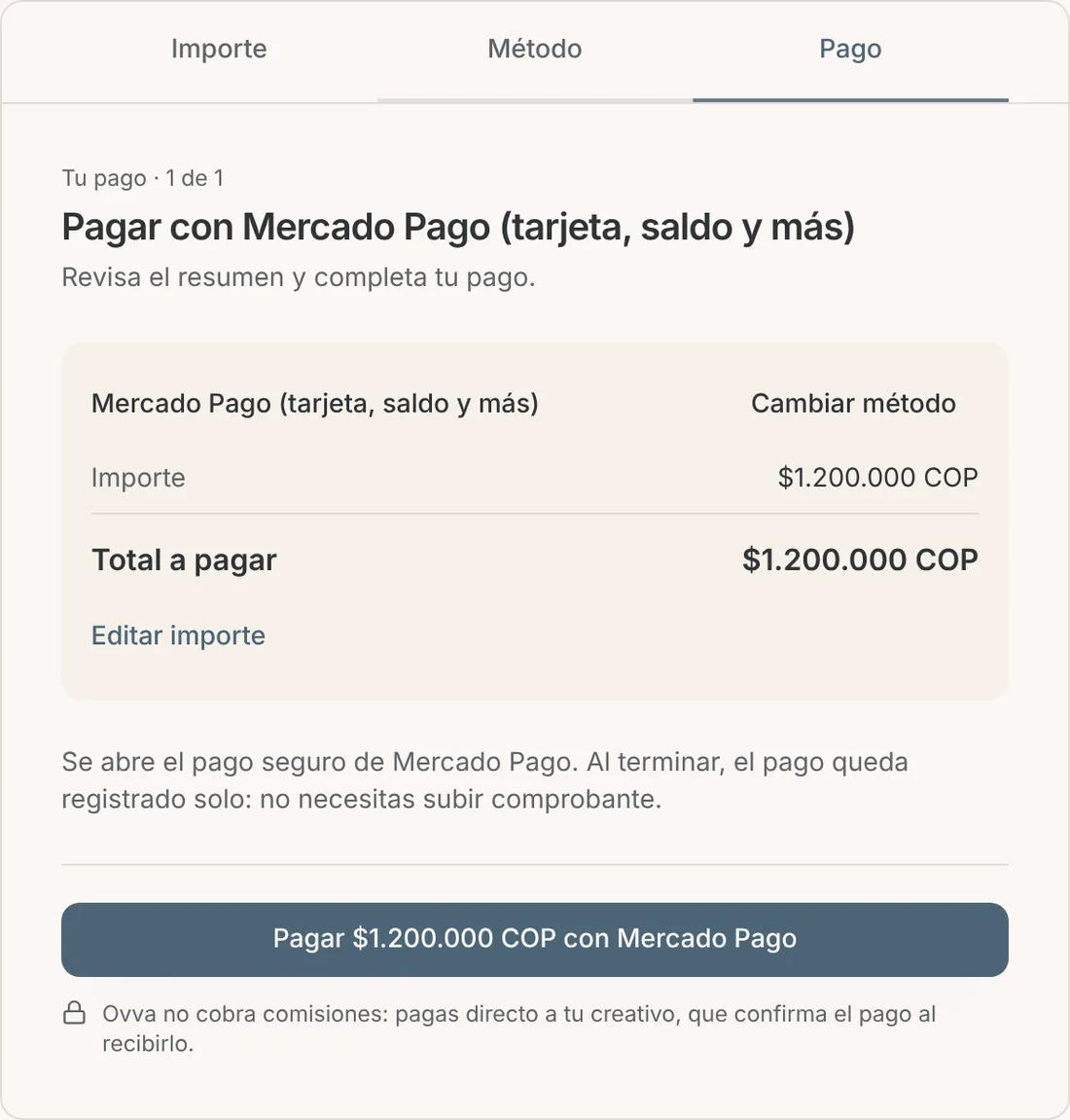 Paso Pago del bloque de pago con Mercado Pago en el computador, con el total y el botón Pagar con Mercado Pago