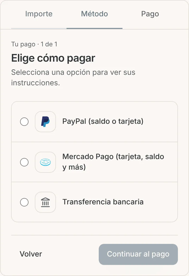 Paso Método del bloque de pago en el celular con PayPal y Mercado Pago primero y luego la transferencia bancaria