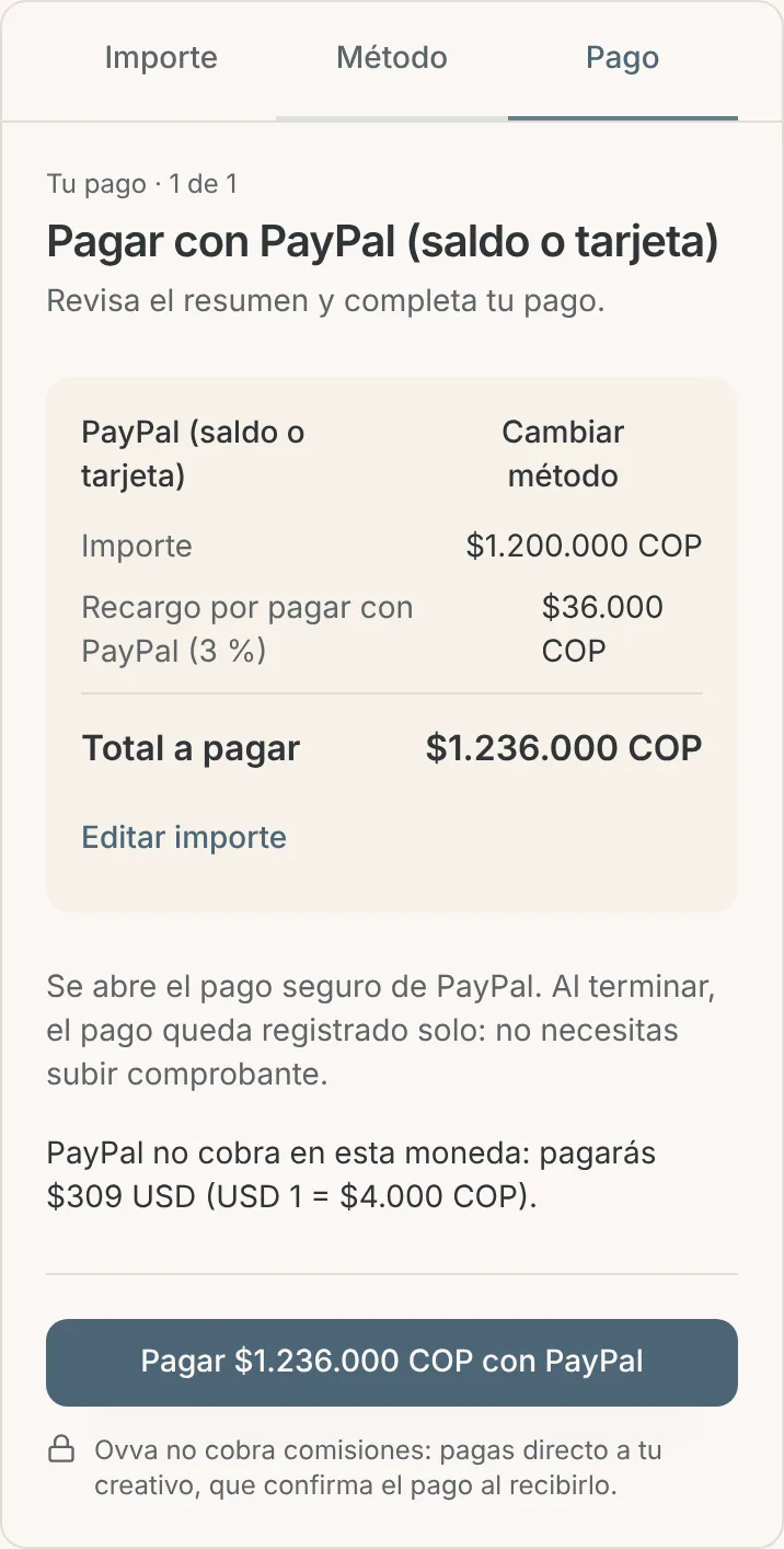 Paso Pago del bloque de pago con PayPal en el celular: importe, recargo, total en pesos y el aviso de cuánto pagará en dólares