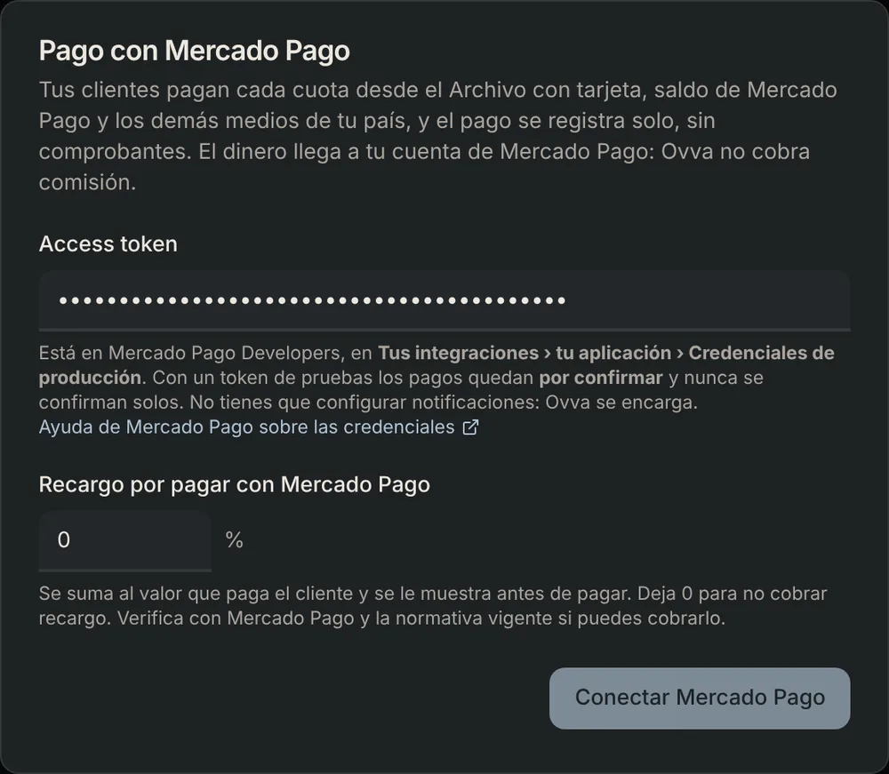 Ventana Pago con Mercado Pago con el access token pegado y el recargo