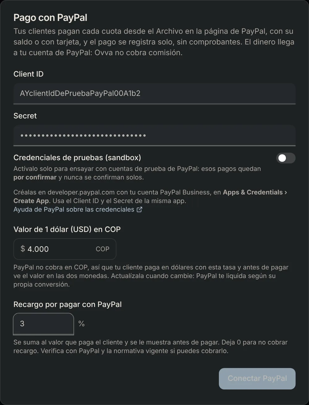 Ventana Pago con PayPal: Client ID, Secret, interruptor de credenciales de pruebas, valor de 1 dólar en COP y recargo