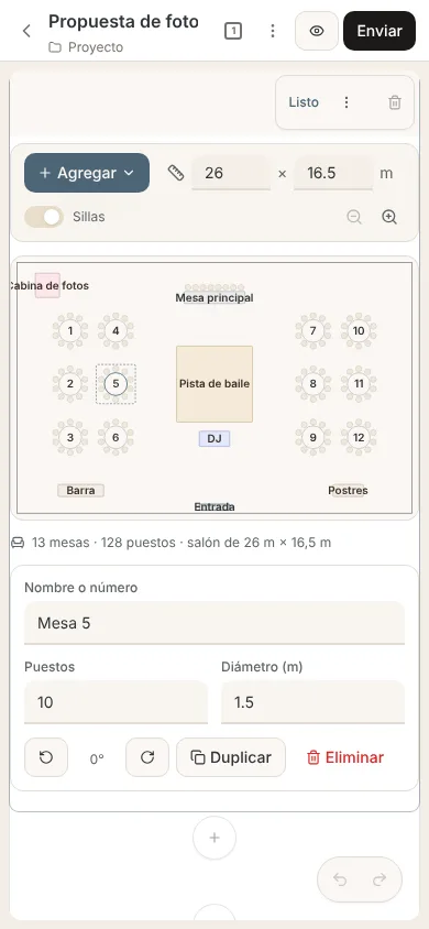 Bloque Plano en un teléfono, con las mesas numeradas, una mesa elegida y sus opciones debajo