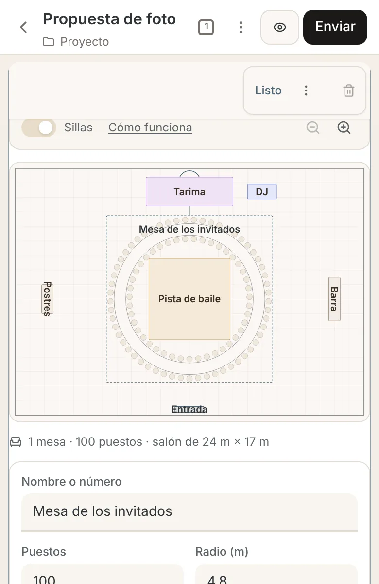 Círculo de mesas elegido en un teléfono con sus opciones de puestos, radio, fondo, forma y sillas