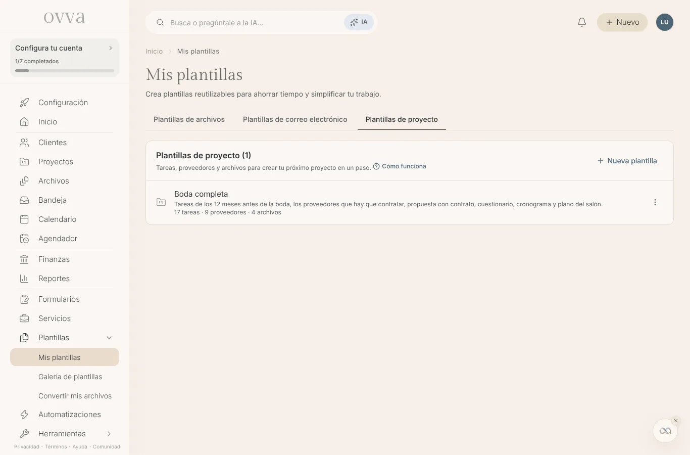 Pestaña Plantillas de proyecto en Mis plantillas con la plantilla Boda completa y su resumen de tareas, proveedores y archivos