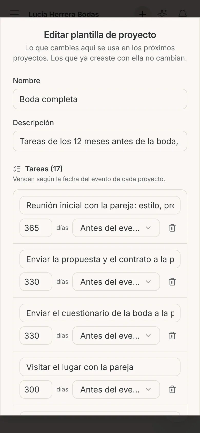 La ventana de edición de la plantilla en el celular