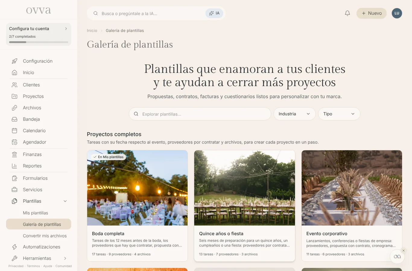Galería de plantillas de proyecto con la plantilla Boda completa y su descripción