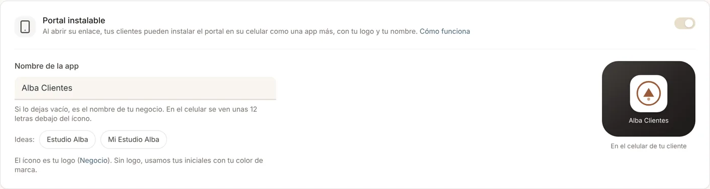Tarjeta Portal instalable en Configuración › Portal del cliente con el interruptor encendido, el nombre de la app y la vista previa del ícono en la pantalla de inicio