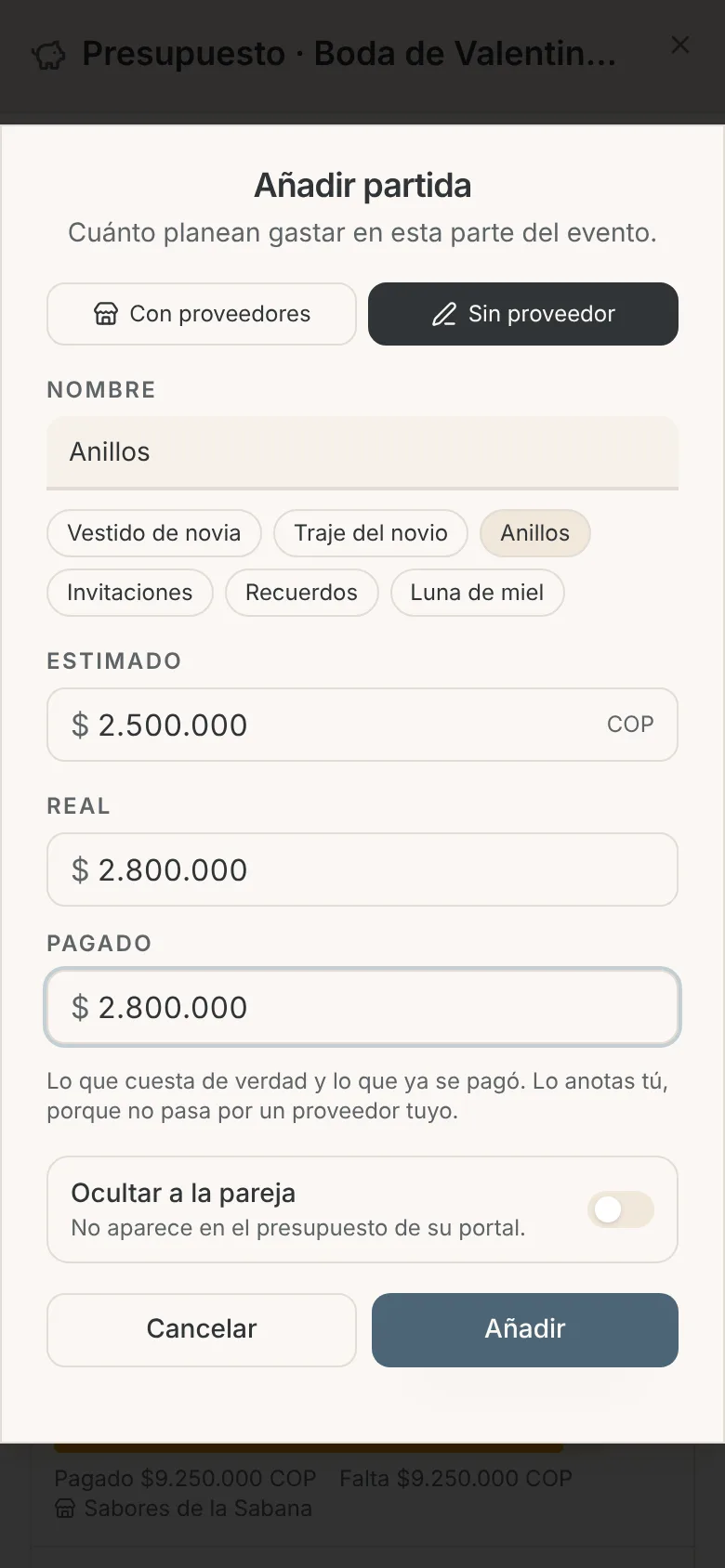 Ventana Añadir partida en el celular con la opción Sin proveedor elegida, el nombre Vestido de novia, sugerencias y los campos Estimado, Real y Pagado