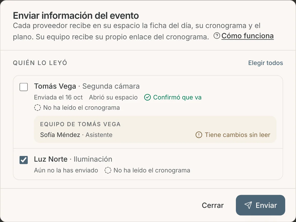 Ventana Enviar información del evento con el tablero Quién lo leyó: un proveedor que abrió su espacio y confirmó que va, su asistente con cambios sin leer y otro proveedor por enviar
