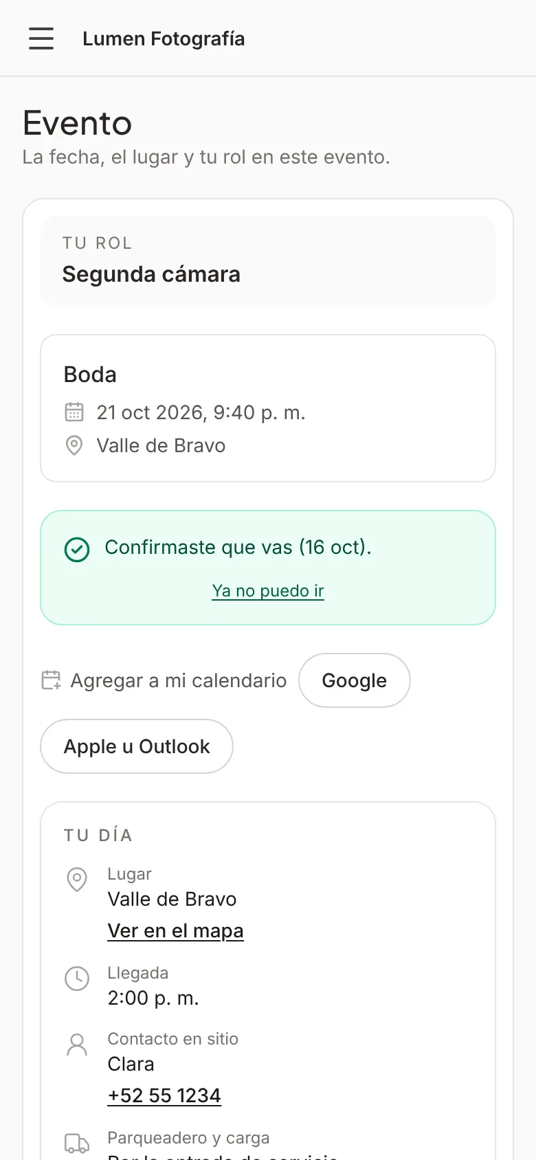 Espacio del proveedor en el celular: su rol, la fecha y el lugar, Confirmaste que vas y los botones para agregar a su calendario