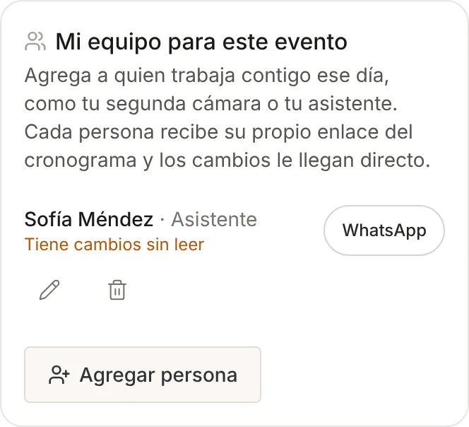 Tarjeta Mi equipo para este evento con una asistente que tiene cambios sin leer, el botón WhatsApp y Agregar persona