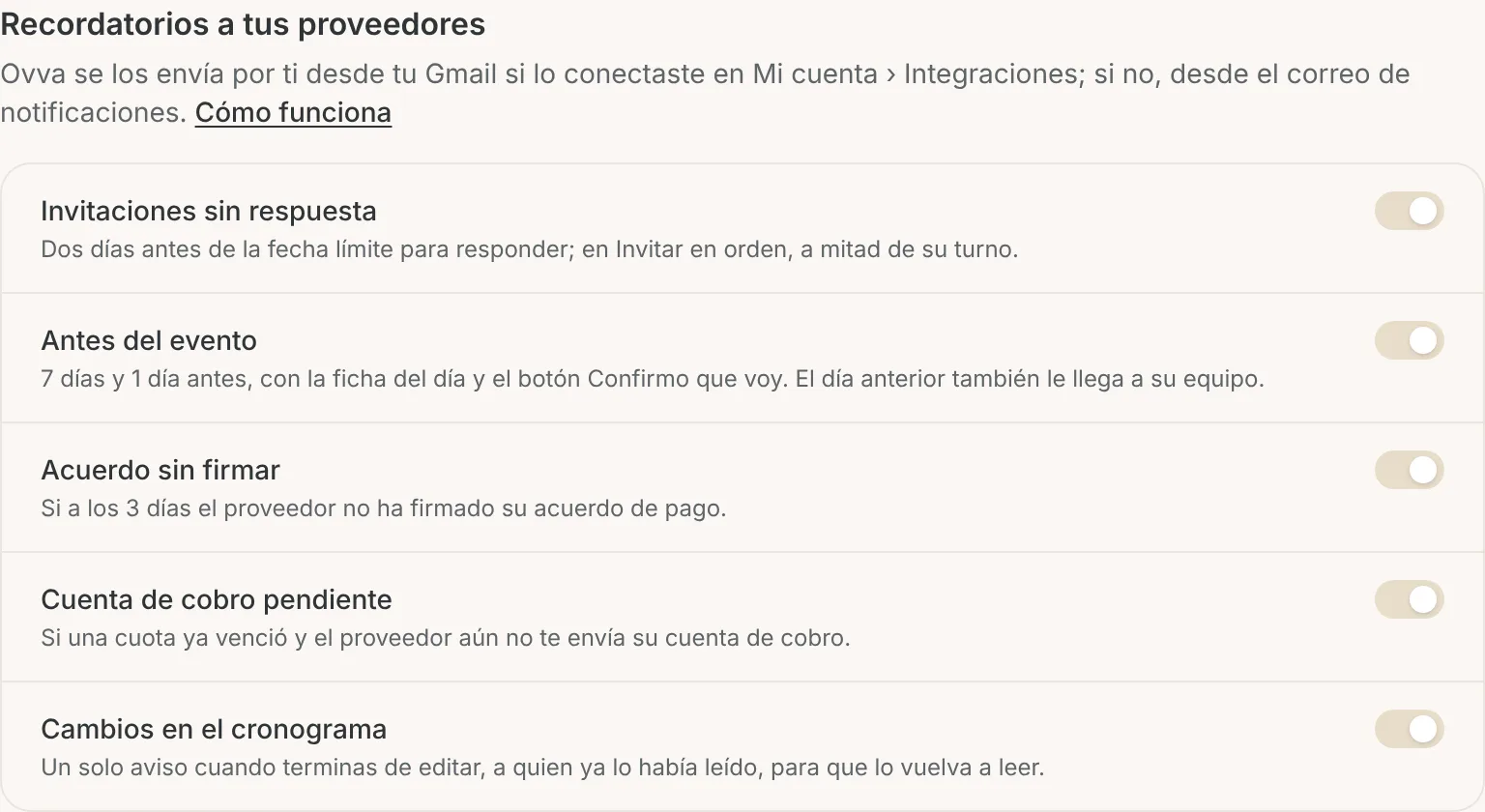Pestaña Recordatorios de Proveedores con cinco interruptores: invitaciones sin respuesta, antes del evento, acuerdo sin firmar, cuenta de cobro pendiente y cambios en el cronograma