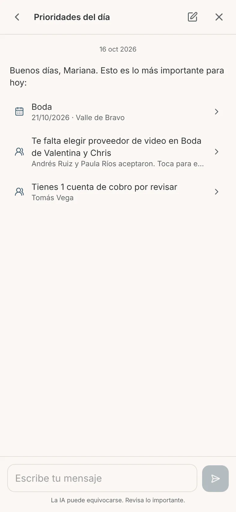 Prioridades del día de Ovva AI en el celular: el evento de la semana, Te falta elegir proveedor de video con dos personas que aceptaron y una cuenta de cobro por revisar