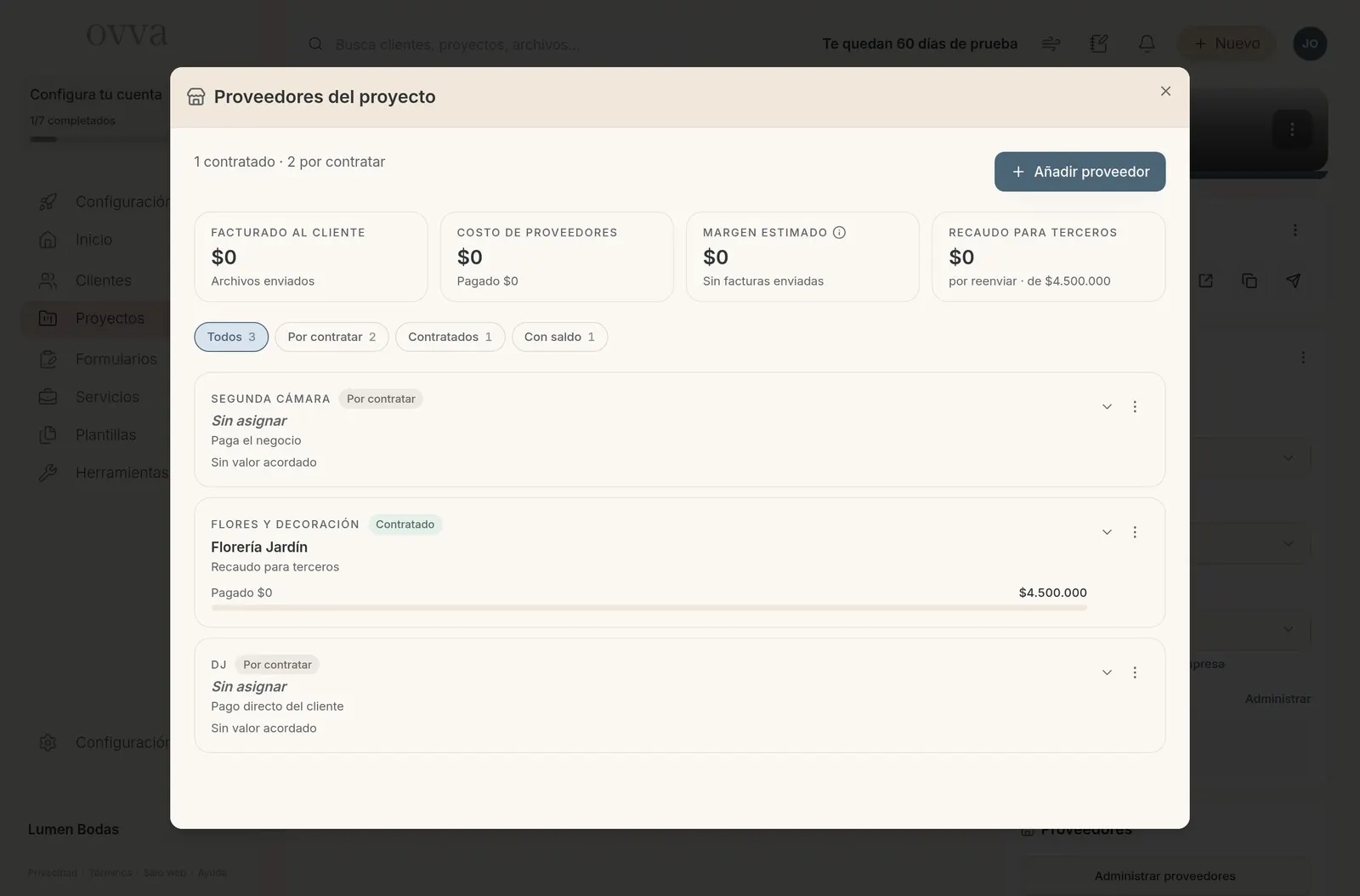 Proveedores del proyecto con una fila marcada como Pago directo del cliente