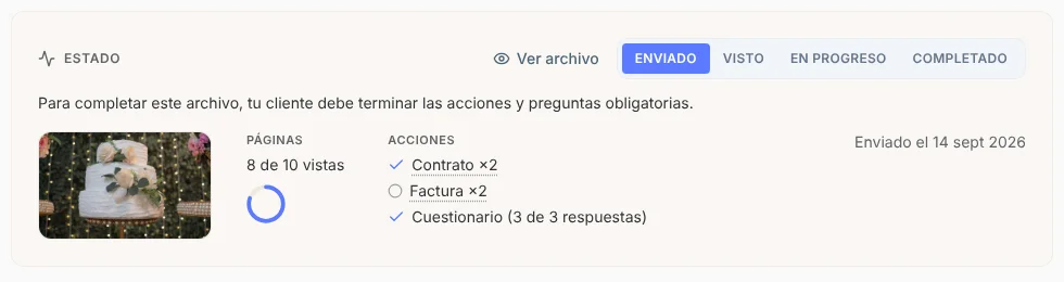 Recuadro Estado del resumen de un archivo: miniatura, 8 de 10 páginas vistas, acciones Contrato ×2, Factura ×2 y Cuestionario con sus respuestas, y la fecha de envío