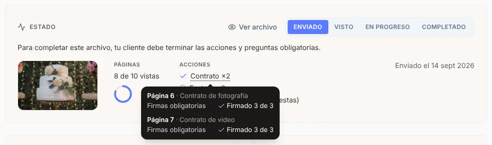 Globo sobre Contrato ×2 con la página 6 y la página 7, cada una con Firmas obligatorias: Firmado 3 de 3