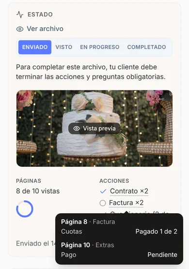 En el celular, el globo de Factura ×2 con la página 8 (cuotas: pagado 1 de 2) y la página 10 (pago pendiente)