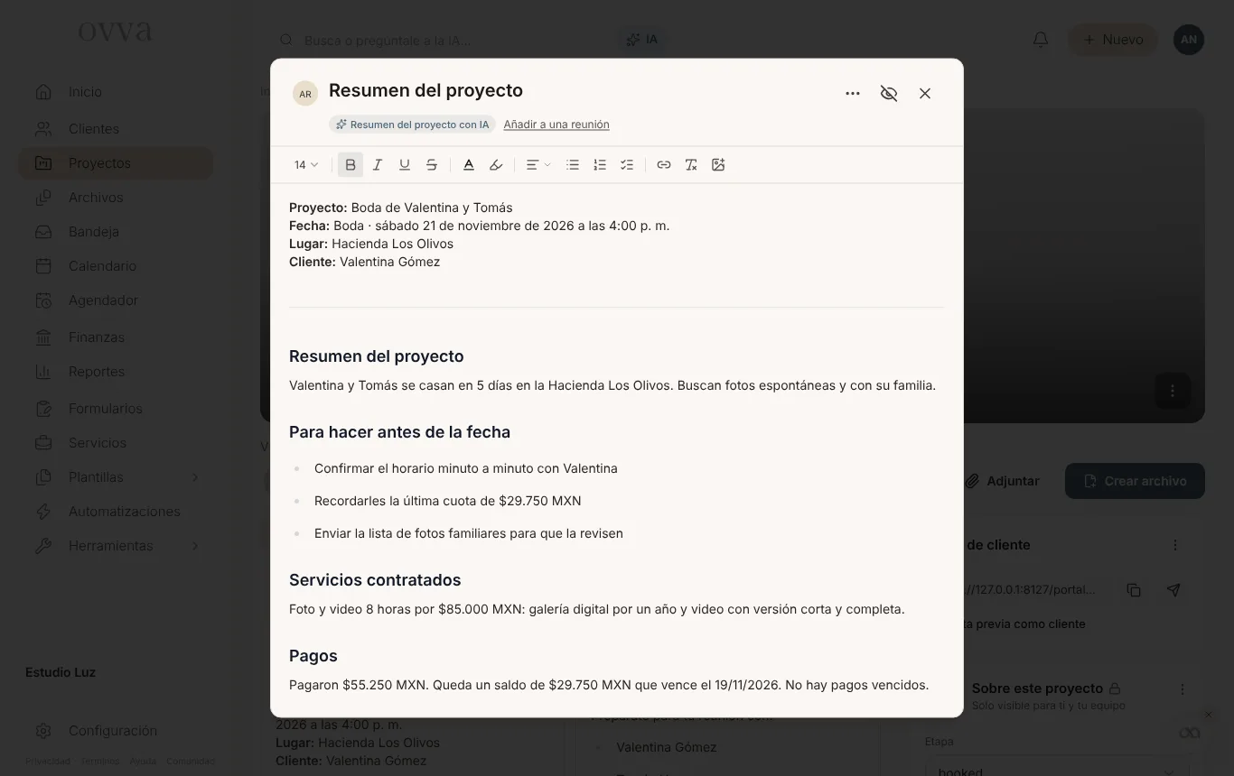 Nota «Resumen del proyecto» con la etiqueta Resumen del proyecto con IA y las secciones Resumen del proyecto, Para hacer antes de la fecha, Servicios contratados y Pagos