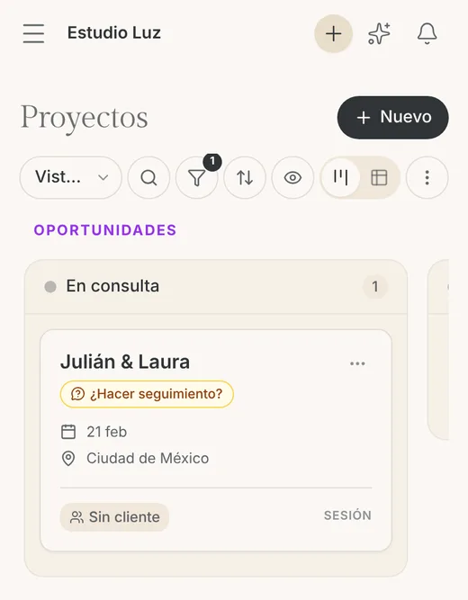 Proyectos en el celular filtrados por Seguimiento sugerido, con una sola tarjeta