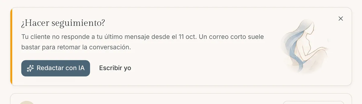 Aviso ¿Hacer seguimiento? en la actividad del proyecto con los botones Redactar con IA y Escribir yo