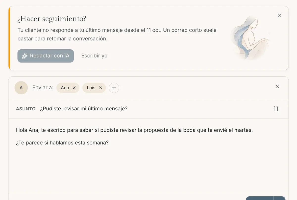 Correo abierto con el asunto ¿Pudiste revisar mi último mensaje? y el borrador de la IA, dirigido a Ana y Luis
