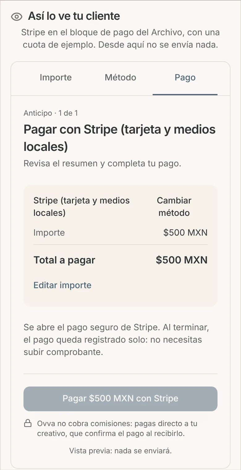 Paso Pago del bloque de pago con Stripe en el celular, con el total y el botón Pagar con Stripe