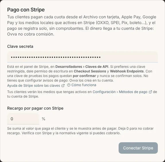 Ventana Pago con Stripe con la clave secreta y el recargo