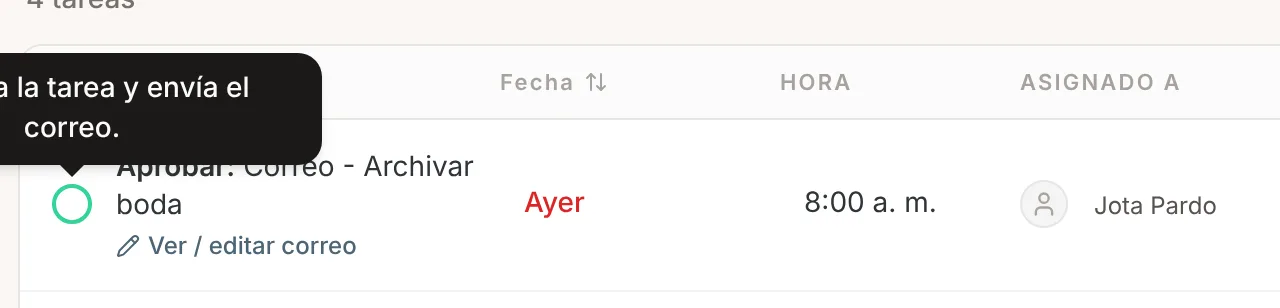 Al pasar el mouse por el círculo aparece: Aprueba la tarea y envía el correo.