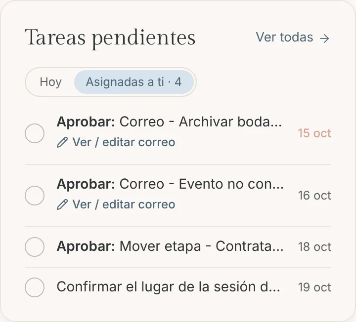 Tareas pendientes del Inicio con las tareas Aprobar: Correo