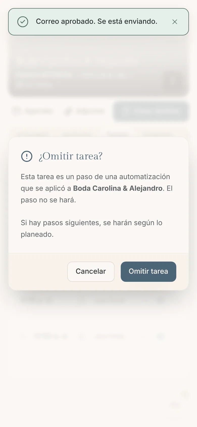 Confirmación ¿Omitir tarea? con el nombre del proyecto