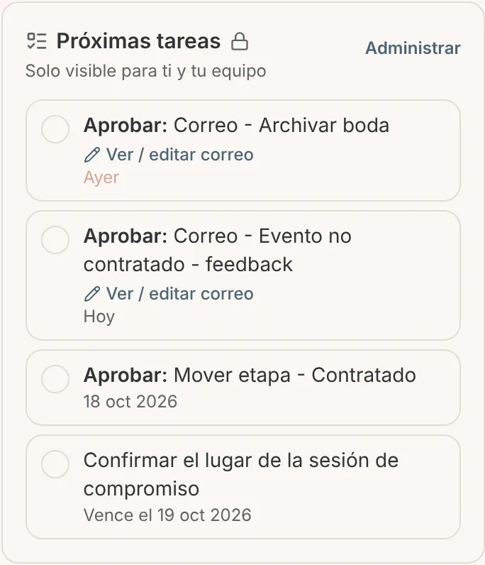 Próximas tareas del proyecto con las tareas por aprobar