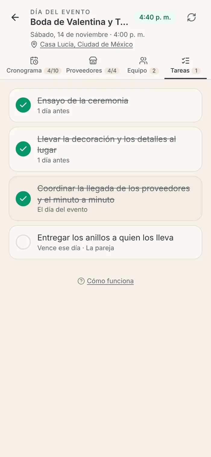 Pestaña Tareas del modo día con las tareas de 1 día antes y El día del evento