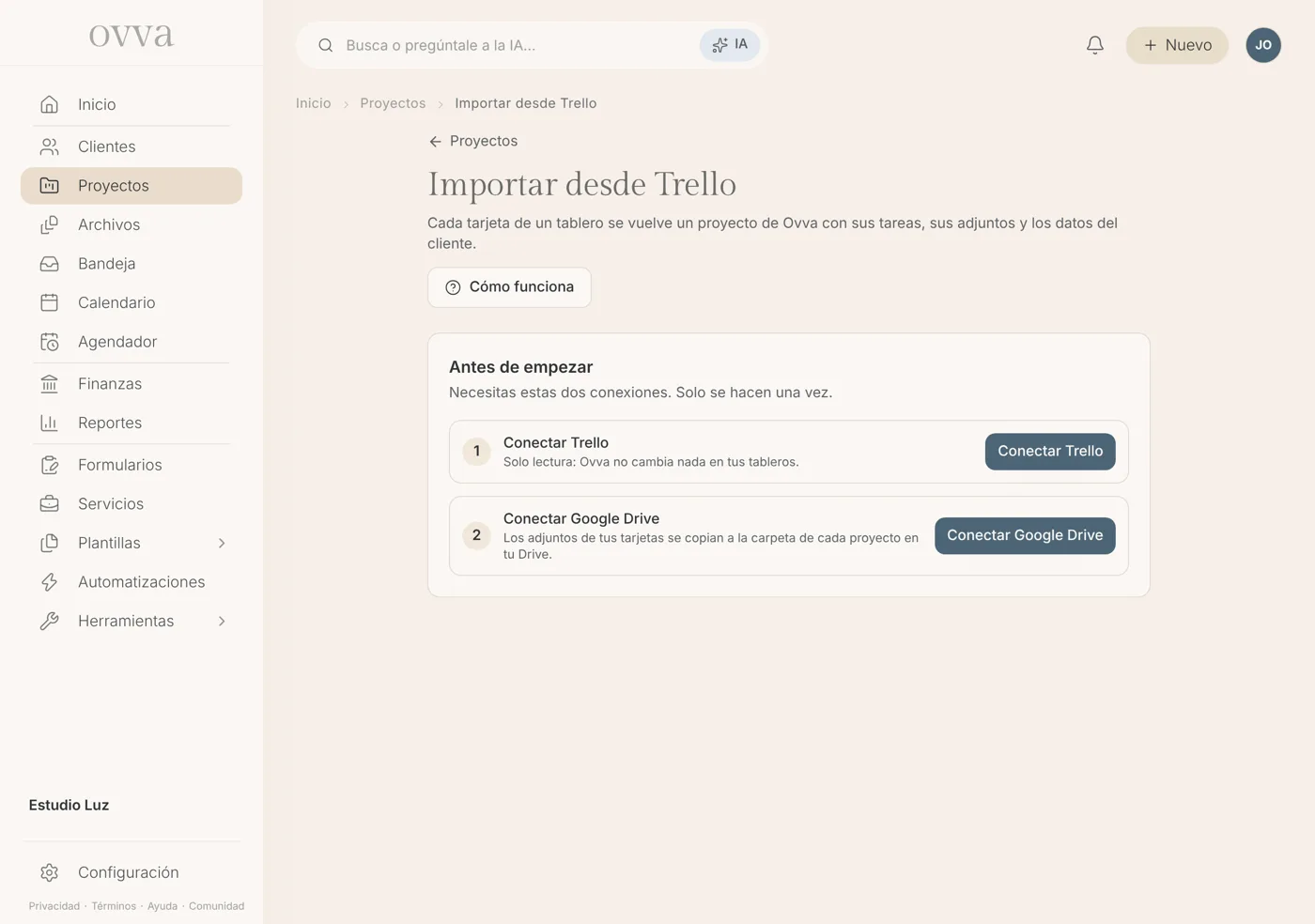 Pantalla Importar desde Trello con los pasos Conectar Trello y Conectar Google Drive