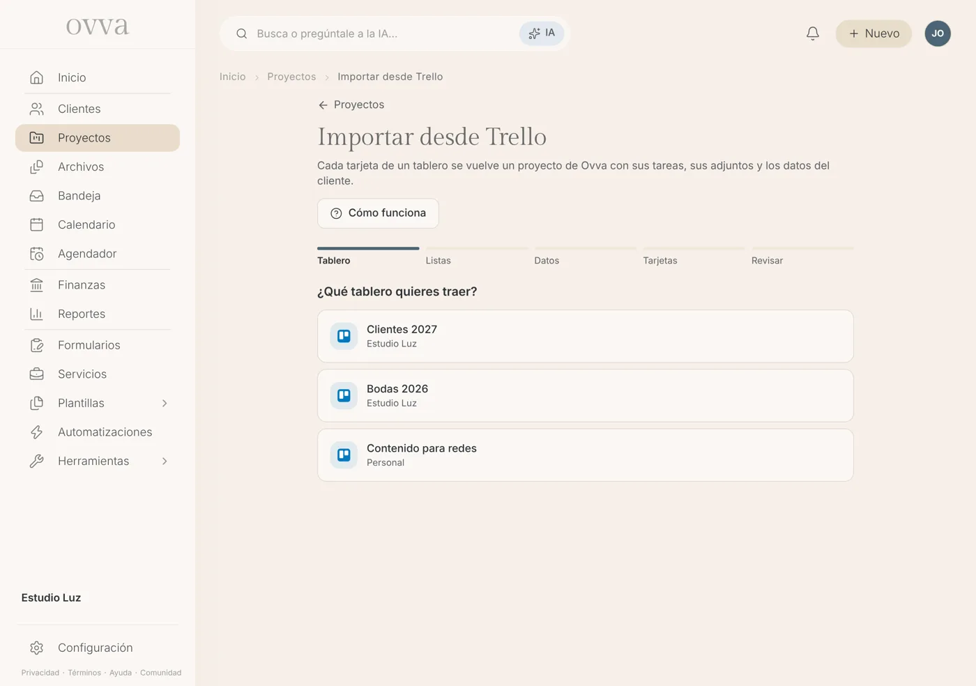 Lista de tableros de Trello para elegir cuál importar