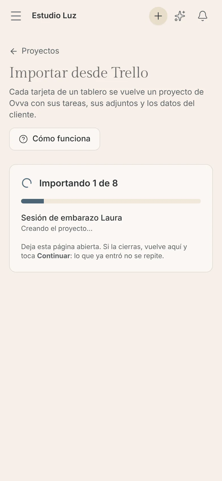 Barra de progreso de la importación con la tarjeta que se está trayendo