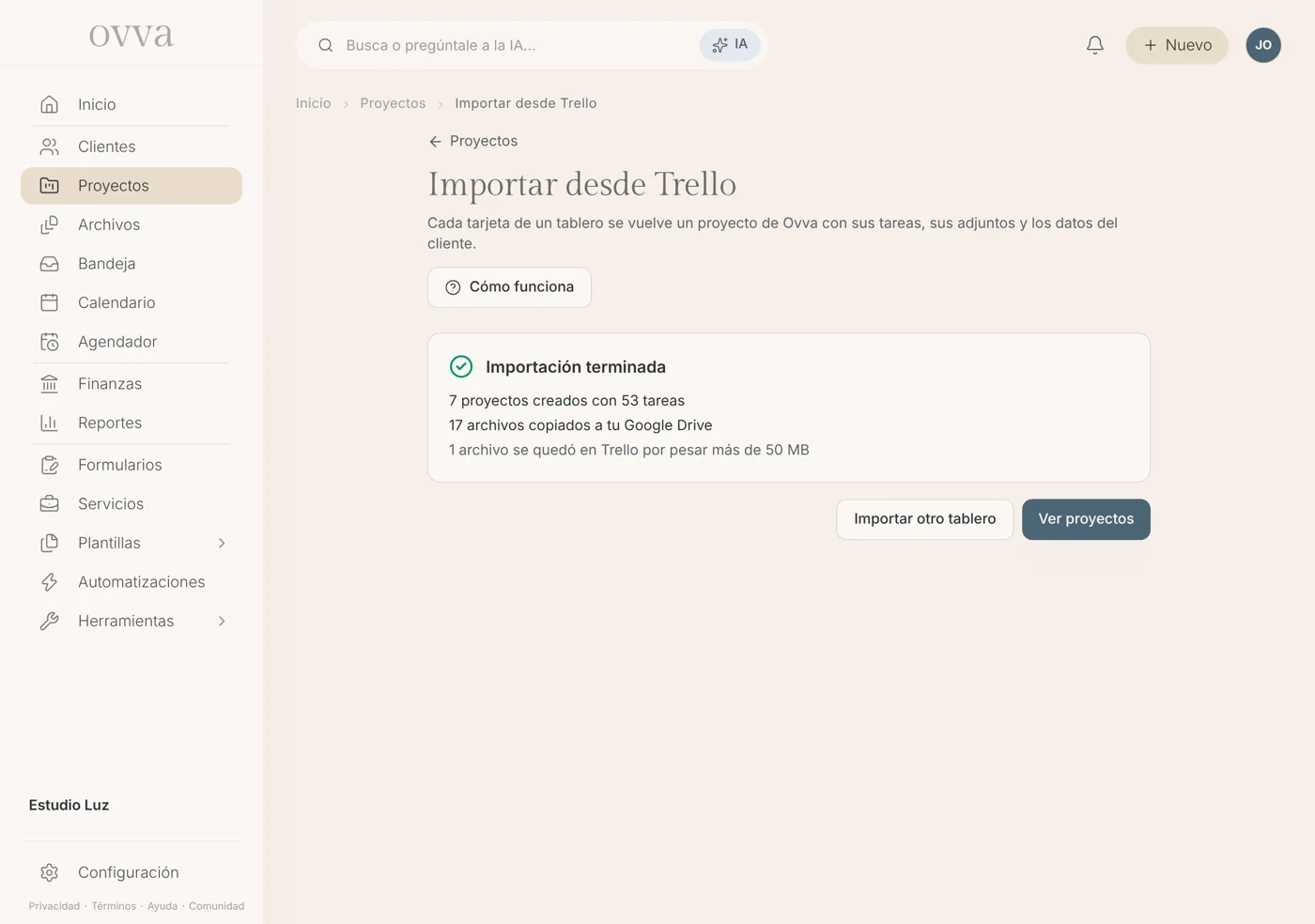 Importación terminada con el número de proyectos creados, tareas y archivos copiados a Google Drive
