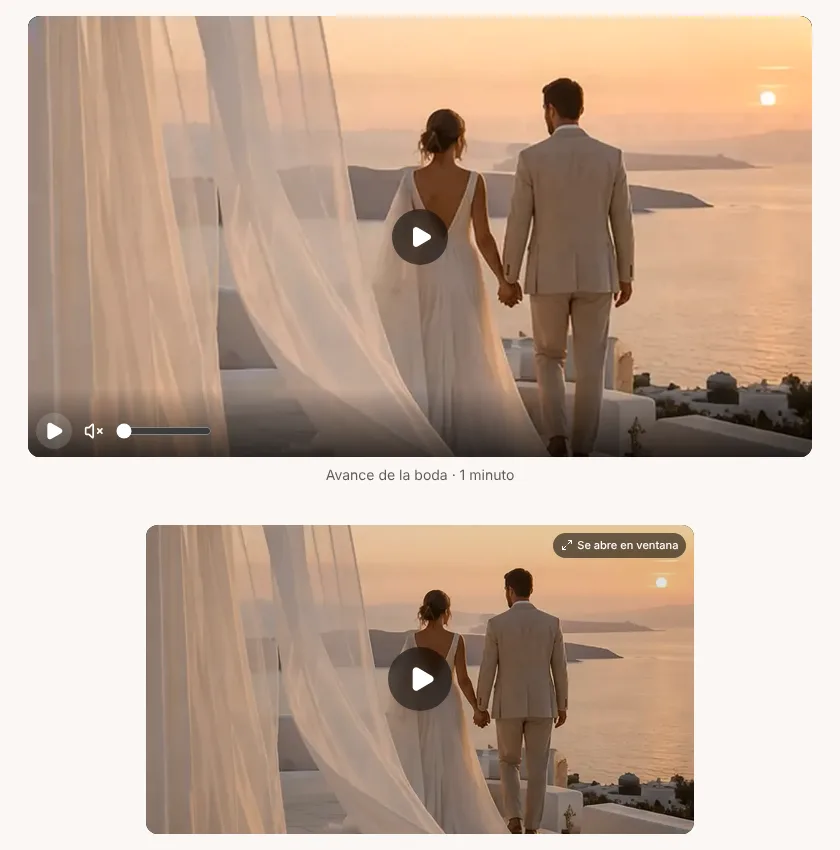 Dos videos de una boda como los ve el cliente: el primero con los controles mínimos de play y volumen y su leyenda, el segundo con la etiqueta Se abre en ventana