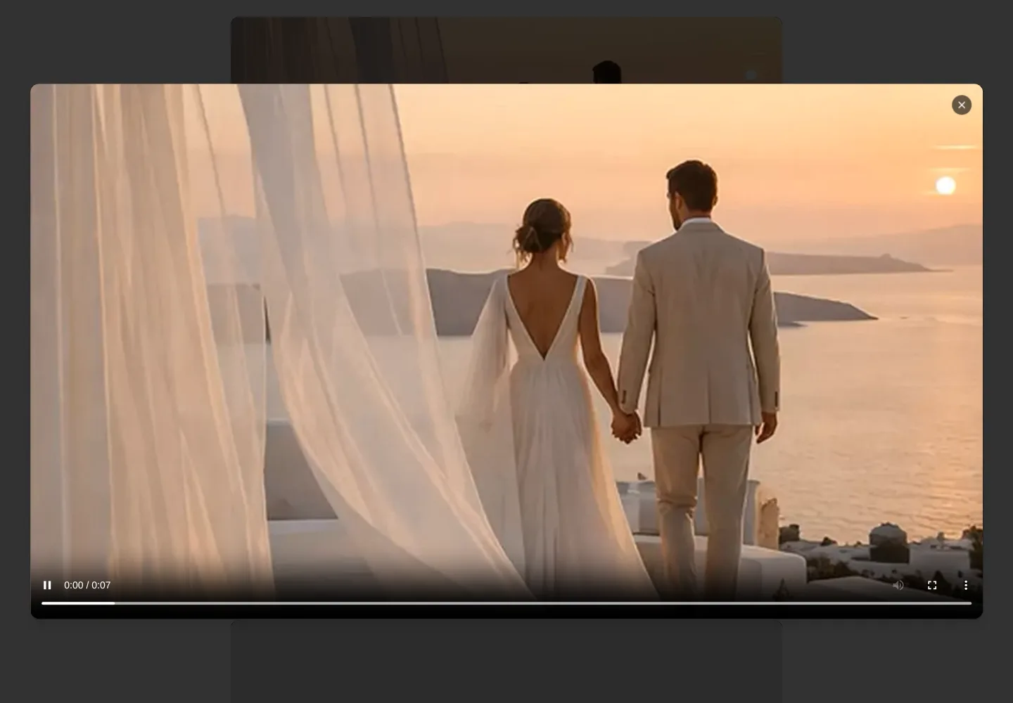 Video de una boda abierto en ventana sobre el archivo, con la barra completa del reproductor y el botón para cerrar