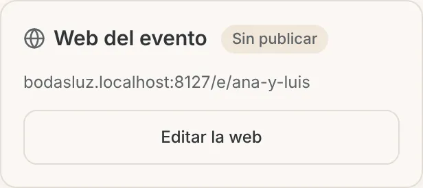 Tarjeta Web del evento del panel del proyecto con la etiqueta Sin publicar, la dirección de la web y el botón Editar la web