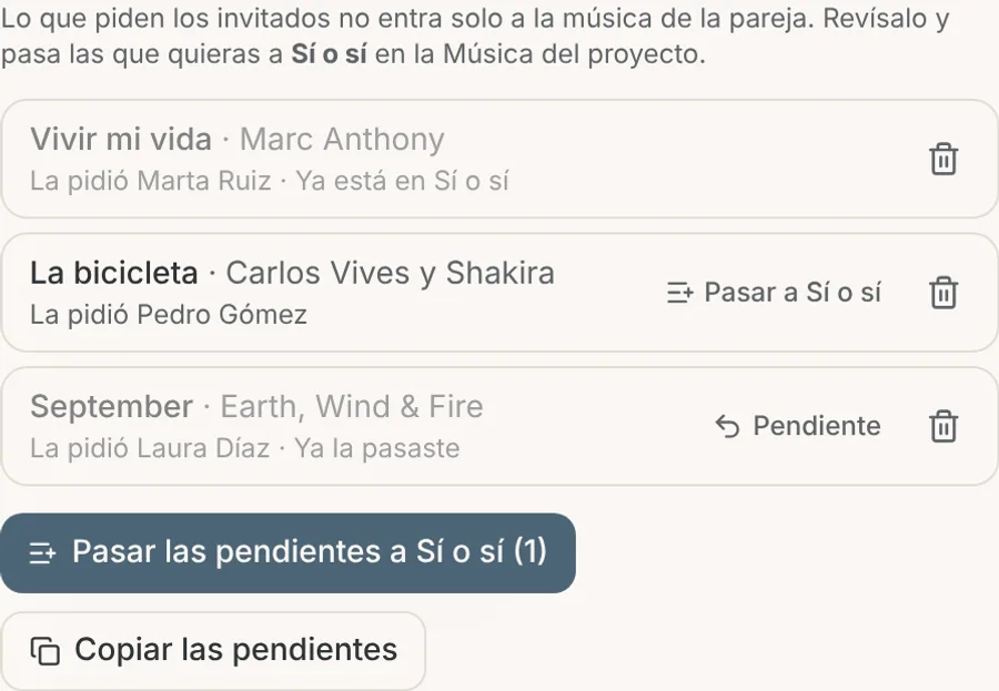 Sección Canciones que piden los invitados con Vivir mi vida ya en Sí o sí, La bicicleta con el botón Pasar a Sí o sí y el botón Pasar las pendientes a Sí o sí