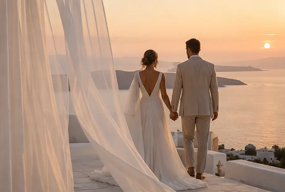 Pareja de novios en una terraza frente al mar al atardecer